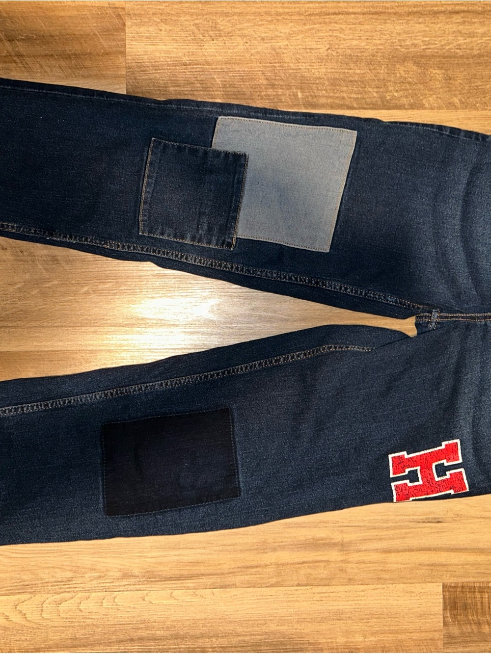 Tommy Hilfiger Men’s Dark Blue Patchwork Jeans with Red 'H' Emblem